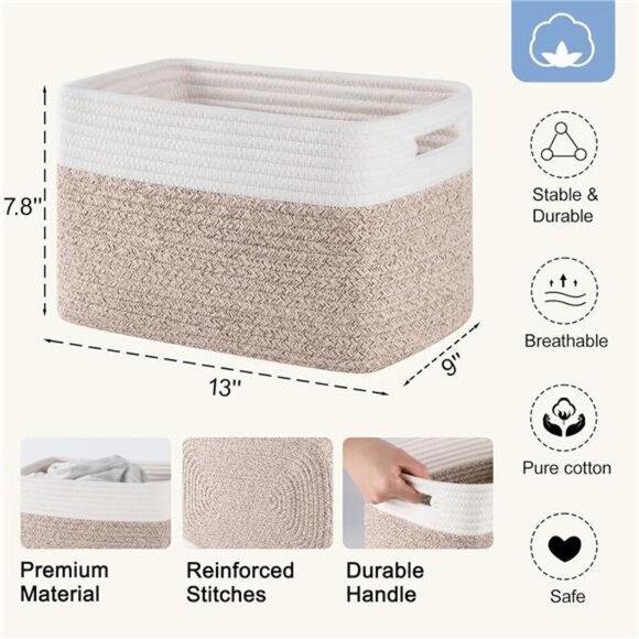 Woven Storage Baskets Set of 4 Cotton Rope Organizer Bins for Shelves Closet - Picture 3 of 8